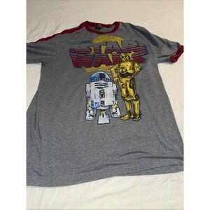 Star Wars T-Shirt Size Large Gray R2D2 CP3O Theme Short Sleeve Stripe Upcycled